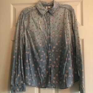 LC Lauren Conrad Denim Floral Ombré Button Down Shirt